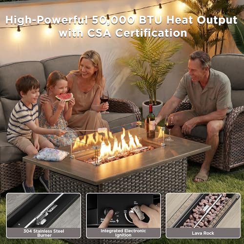 Luxury Patio Furniture Set with Fire Pit Table-4 Pieces High Back Wicker Swivel Rocker Chairs with 6" Extra Thick Cushions, Outdoor Patio Conversation Sets for Porch Deck Backyard(Brown/Grey)