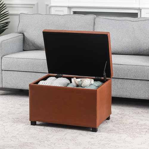 24-Inch Storage Ottoman Bench,Foot Stool Ottoman with Storage, Faux Leather Upholstered Foot Rest Seat with Safety Hinge,Wood Legs Stool for Living Room, Bedroom,Entryway, Cognac Brown