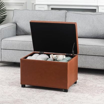 24-Inch Storage Ottoman Bench,Foot Stool Ottoman with Storage, Faux Leather Upholstered Foot Rest Seat with Safety Hinge,Wood Legs Stool for Living Room, Bedroom,Entryway, Cognac Brown