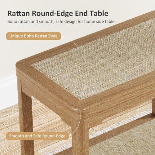 Rattan Night Stand - Farmhouse 2 Tier End Table for Bedroom - Accent Side Table wtih Open Storage Shelves for Small Space Narrow Coffee Table Bamboo (2, Natural Oak)