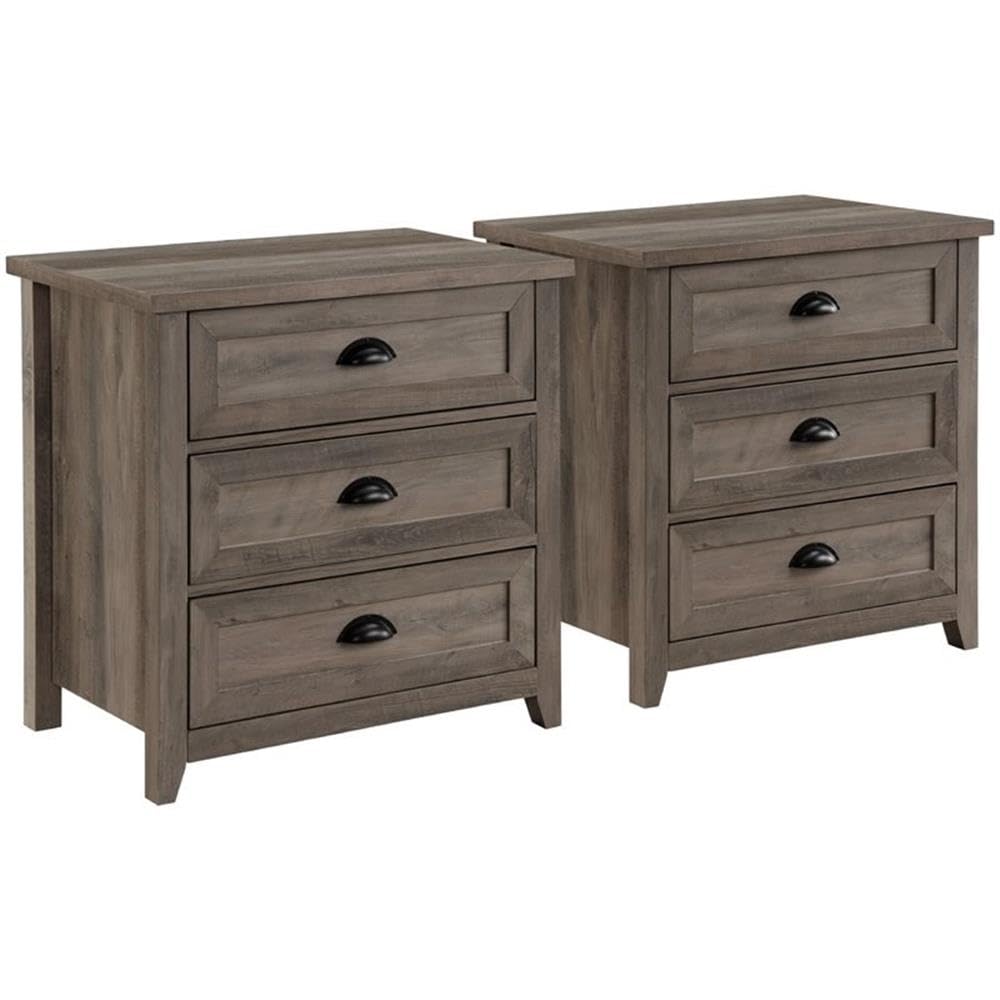 Hazel 2-Piece Modern Farmhouse 3 Drawer Framed Nightstand with Half-Moon Handles Set of 2 Grey Wash