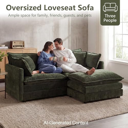 76.7" Green L Shaped Cloud Couch, Modern Chenille Modular 2 Seater Loveseat Sofa with Movable Ottoman, Deep Seat Sectional Couch with Pillows for Small Place, Living Room Apartment Office