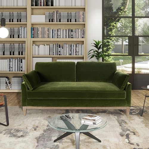 Jennifer Taylor Home Pasadena 75.5" Modern Living Room Farmhouse Performance Velvet Compact Sofa Couch for Small Spaces and Apartments in Olive Green