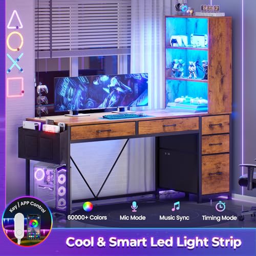 Computer Desk with 5 Drawers and Bookshelf, Reversible Home Office Desk with Storage Shelves and File Drawer, Gaming Corner Desk with LED Lights for Small Spaces, Rustic Brown