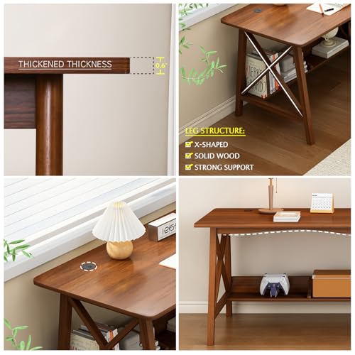 NELYE Extra Long Writing Desk with Bookshelf, 47" Wx16 Dx30 H, Oak, view 3