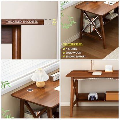 NELYE Extra Long Writing Desk with Bookshelf, 47" Wx16 Dx30 H, Oak, view 3