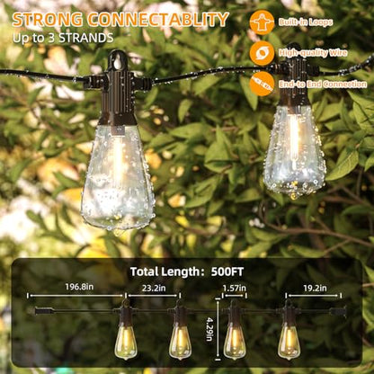LED Outdoor String Lights, 500FT Outside Waterproof Hanging Patio Lights with 250+10 Shatterproof ST38 Edison Bulbs, 2700K Warm White, Dimmable Light for Back Yard Porch Party Gazebo Bistro