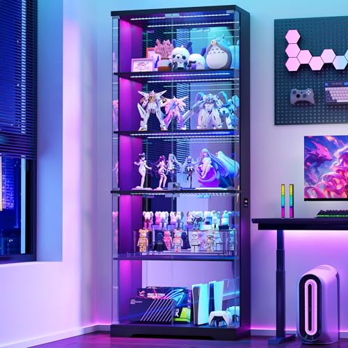 Glass Display Cabinet with Doors and RGB LED Lights | 69" Tall Curio Cabinet, 5-Tier Wooden Shelves, Lockable Display Case, Motion Sensor, for Collectibles, Living Room, Black
