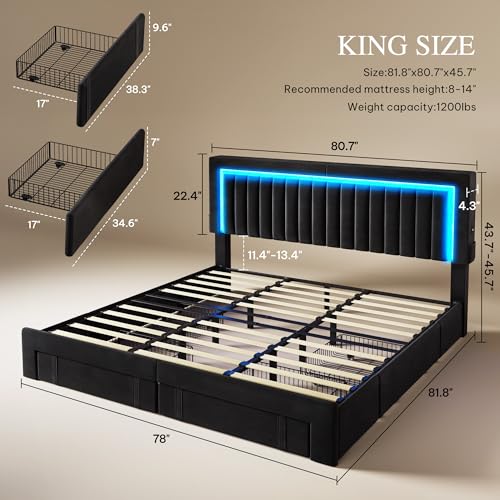 King Size Bed Frame with Adjustable Headboard & 4 Storage Drawers, view 3