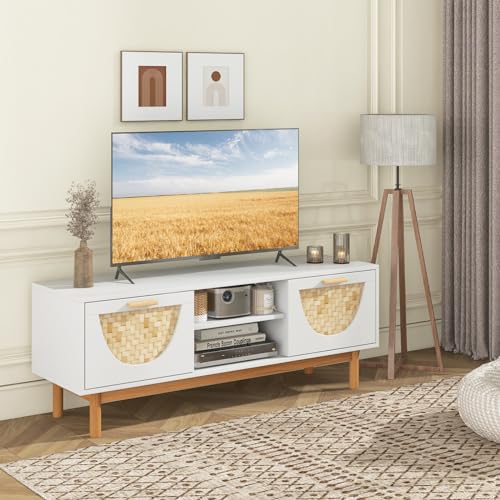 White TV Stand for 55 Inch TVs, Mid Century Modern Entertainment Center with 2 Drawers & Bamboo Woven Fronts, Solid Wood Legs, Boho TV Console Table for Living Room (White, 47.5”, for 55"TV)