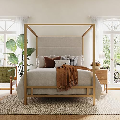 Queen Size Gold Metal Canopy Bed Frame, 76.5" Tall Linen Upholstered Headboard, view 4