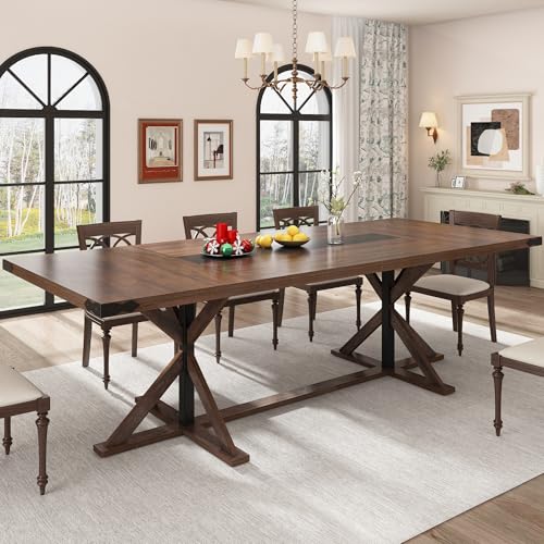 94" Large Dining Table for 10 People, Rectangular Kitchen Farmhouse Table W/Thickness Waterproof Wood Tabletop,Long Dining Room Tables W/Wood Strip Base for Kitchen Living Room(238CM Brown)