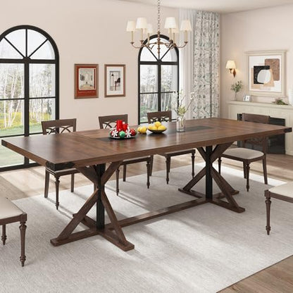 94" Large Dining Table for 10 People, Rectangular Kitchen Farmhouse Table W/Thickness Waterproof Wood Tabletop,Long Dining Room Tables W/Wood Strip Base for Kitchen Living Room(238CM Brown)