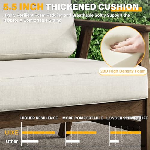 3 Piece Wood Patio Chair Outdoor Bistro Set, Outdoor Armchair All Weather Patio Sofa Furniture Backyard Conversation Sets with Wooden Side Table, Beige