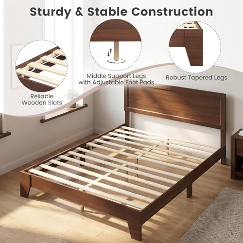Queen Size Bed Frame, Mid-Century Modern Platform Bed with Headboard, view 6