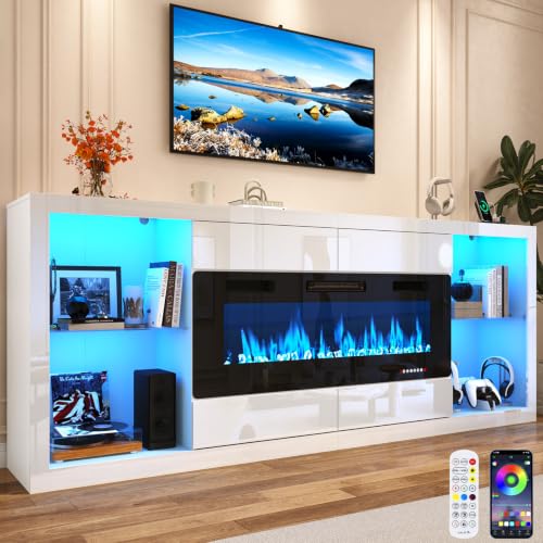 94" Fireplace TV Stand with 50" Fireplace&Power Outlet,White High Gloss, view 2