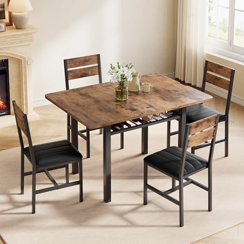 Dining Table Set for 4, Extendable Kitchen Table with 4 PU Leather Upholstered Dining Room Chairs, Wood Kitchen Table Set with Built-in Storage Rack for Dining & Small Spaces, Rustic Brown