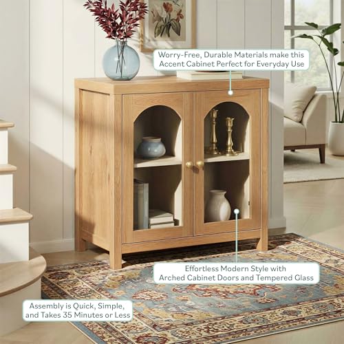 Sasha Modern Arched Glass Cabinet with Brass Hardware, 30 Inch, English Oak