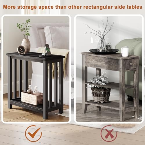 Mission End Tables Set of 2, Narrow Side Tables for Small Spaces, Night Stands with Storage Shelf for Living Room and Bedroom, Black