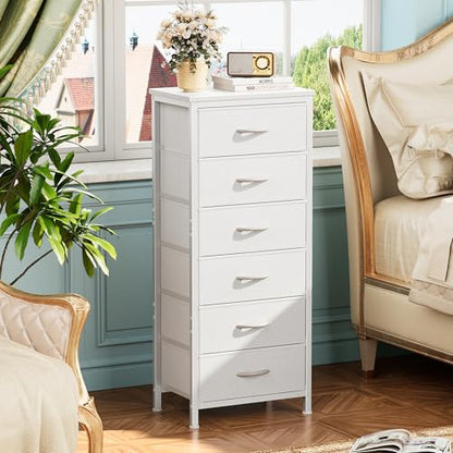 Tall Dresser for Bedroom, Stable 6 Drawer Dresser with Anti-Tip Device, PU Leather & Fabric Drawers, Tall Nightstand for Closet, Nursery, Storage Tower for College Dorm High Beds, White
