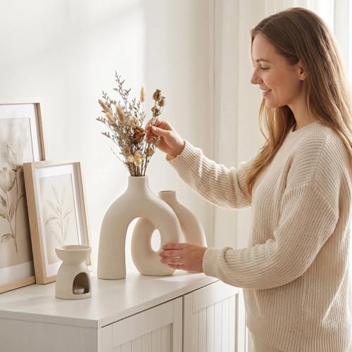 Modern Nordic Boho Vase Set - Elegant Beige Matte Ceramic Vase for Living Room, Bookshelf, Mantel, Entryway Table & Console Decor | Home Decor Shelf Decorations Easter Gift