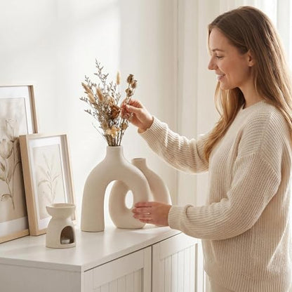 Modern Nordic Boho Vase Set - Elegant Beige Matte Ceramic Vase for Living Room, Bookshelf, Mantel, Entryway Table & Console Decor | Home Decor Shelf Decorations Easter Gift