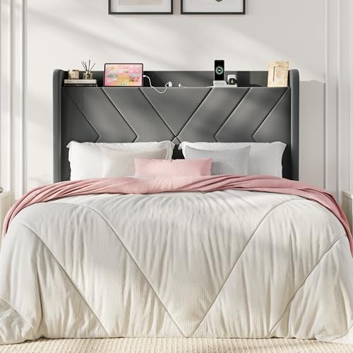 Queen Bed Frame, Velvet Upholstered Platform Bed Frame with Wingback Storage Headboard & Charging Station, Geometric Tufted Design, No Box Spring Needed, Easy Assembly, Grey