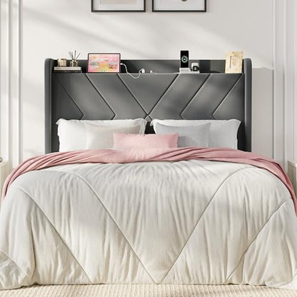 Queen Bed Frame, Velvet Upholstered Platform Bed Frame with Wingback Storage Headboard & Charging Station, Geometric Tufted Design, No Box Spring Needed, Easy Assembly, Grey