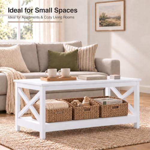 White Coffee Table for Living Room, X-Design Storage Shelf, 39.5", view 6