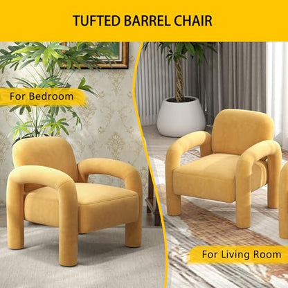 Modern Accent Chair, Comfy Velvet Upholstered Armchair, Cozy Vanity Chair Single Sofa, Tufted Barrel Chair Reading Chair for Living Room, Bedrooms, Corner（Mustard）