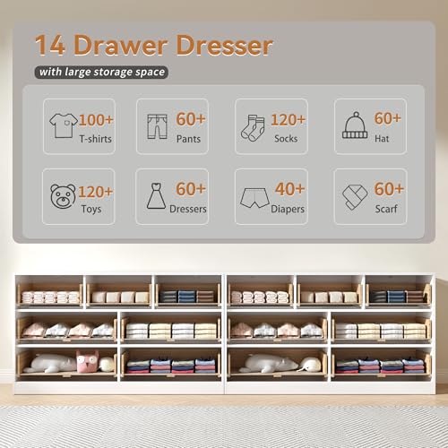 White Dresser Set of 2, Long Dresser for Bedroom Wooden with 14 Drawers, Fluted Modern Bedroom Furniture Set, TV Stand Dressers & Chests of Drawers for Closet (15.7"D x 110.2"W x 31.8"H)