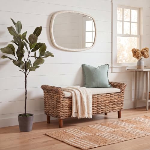 SAFAVIEH Furniture - Palermo Bench - White & Brown - Mango Wood - Coastal Woven Design - Ideal for Entryway, Bedroom, Living Room (FOX6533A)