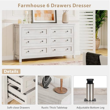 4 Pieces Farmhouse Bedroom Set, 1 X Wood Rustic 6 Drawer Storage Dresser, 1 X 5 Drawer Dresser, Nightstand Set of 2 with Charging Station, Farmhouse Bedroom Furniture Set, Rustic White
