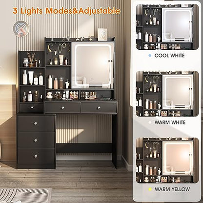 Vanity Desk with Mirror and Lights, Makeup Vanity with 6 Drawers and Shelves, Dressing Table with Power Outlet, Makeup Desk with Led Lighted Mirror in 3 Colors, for Bedroom, Black