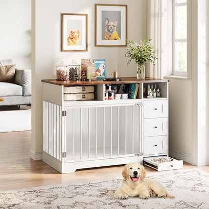 Dog Crate Furniture with Drawers, Wooden Dog Cage with Pull‑Out Dog Bowl, view 6