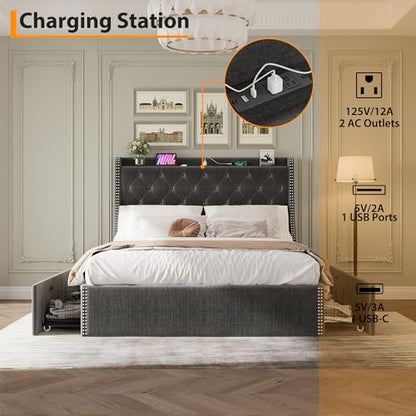 GAOMON Queen Size Bed Frame with Wingback Headboard, 4-Drawer Velvet Upholstered Platform Bed Frame with Charging Station, Button Tufted Storage Bed, No Box Spring Needed, Gray