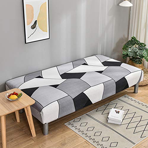 Armless Sofa Cover Futon Slipcover Stretch Elastic Folding Sofa Bed Non-Armrest Couch Furniture Protector Spandex Printed Washable Sofa Cover Without Armrests (Grey White Black)