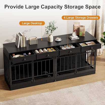 78.7" Dog Crate Furniture for 2 Dogs with 4 Drawers, Black, view 5