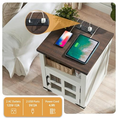 Farmhouse Nightstand with Charging Station, Rustic End Table with Tempered Glass Barn Door, Wood Sofa Side Bedside Table with Open Storage Shelf for Living Room, Bedroom, White