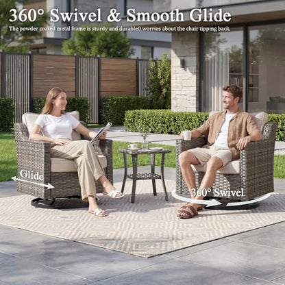 Luxury Patio Furniture Chairs Set - 2 Pieces All Weather Wicker Outdoor Couch and High Back Swivel Rocker Patio Chairs for Deck Yard and Poolside Gray Wicker | Beige Cushions