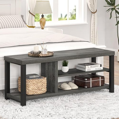Industrial Entryway Bench, Rustic Indoor Shoe Boot Storage Bench Seat for Living Room, Grey