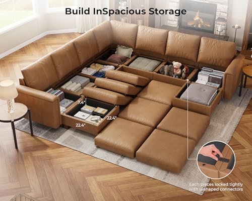 Faux Leather Modular Sectional Sofa with Storage, Mid Century Modern Sectional Couches for Living Room, 113" Wide 9 Seat V Shaped Sectional Couch with Chaise, Brown