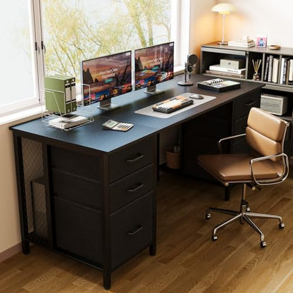 63 inch Computer Desk with File Drawers Cabinet, Modern Office Desk with Large Storage for Home Office, Study, Gaming, Black