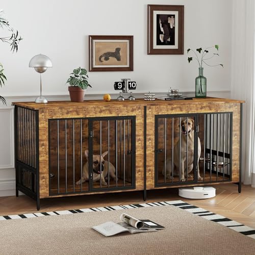 78" Dog Crate Furniture, Rotating Bowl Rack, Steel Frame, Brown, view 2