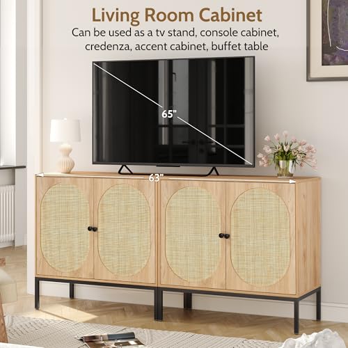 Set of 2 63" Sideboard Cabinet with Natural Rattan Hand-Woven Doors, Rattan Cabinet, Accent Buffet Storage Console Cane Credenza, for Living Room Entryway, Metal Legs/Natural