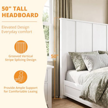 Queen Bed Frame with 50" Tall Headboard, Farmhouse Platform Bed, view 4