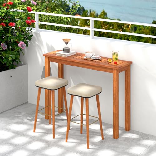 Narrow Outdoor Dining Table, Solid Wood Furniture Patio Console Table with Slatted Tabletop, Wooden Buffet Bar Plant Stand for Garden Deck Entryway Porch Balcony