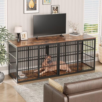 94" Double Dog Crate Furniture, TV Stand with Divider, Brown, view 7