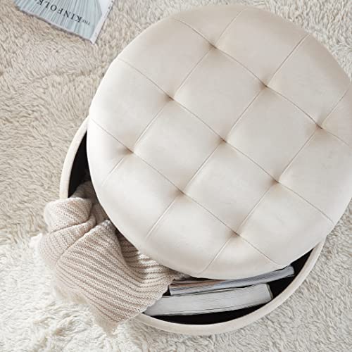 18" Round Storage Ottoman with Lid, Holds 300 lbs, Cream | Velvet Tufted Fabric; Foot Rest Stool & Vanity Chair For Living Room, Bedroom Or Entryway