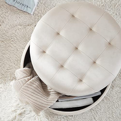 18" Round Storage Ottoman with Lid, Holds 300 lbs, Cream | Velvet Tufted Fabric; Foot Rest Stool & Vanity Chair For Living Room, Bedroom Or Entryway